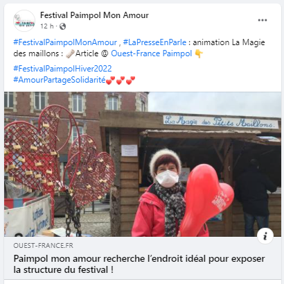 Post Facebook, article du ouest France su 8/02. Paimpol mon amour recherche un endroit pour  exposer la sculpture du festival