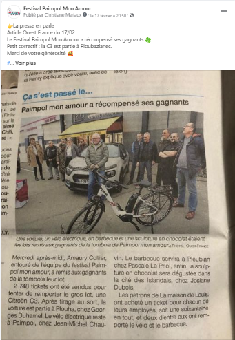 Post FB article du ouest France du 17 02  23 , les gagnants de la tombola reçoivent leurs lots